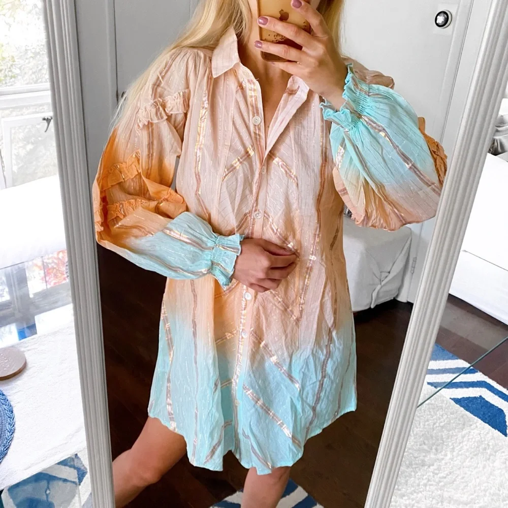 🩵 MISS JUNE PEACH BLUE OMBRÉ COLLARED LOOSE FIT MINI DRESS! (no belt) - Picture 9 of 16